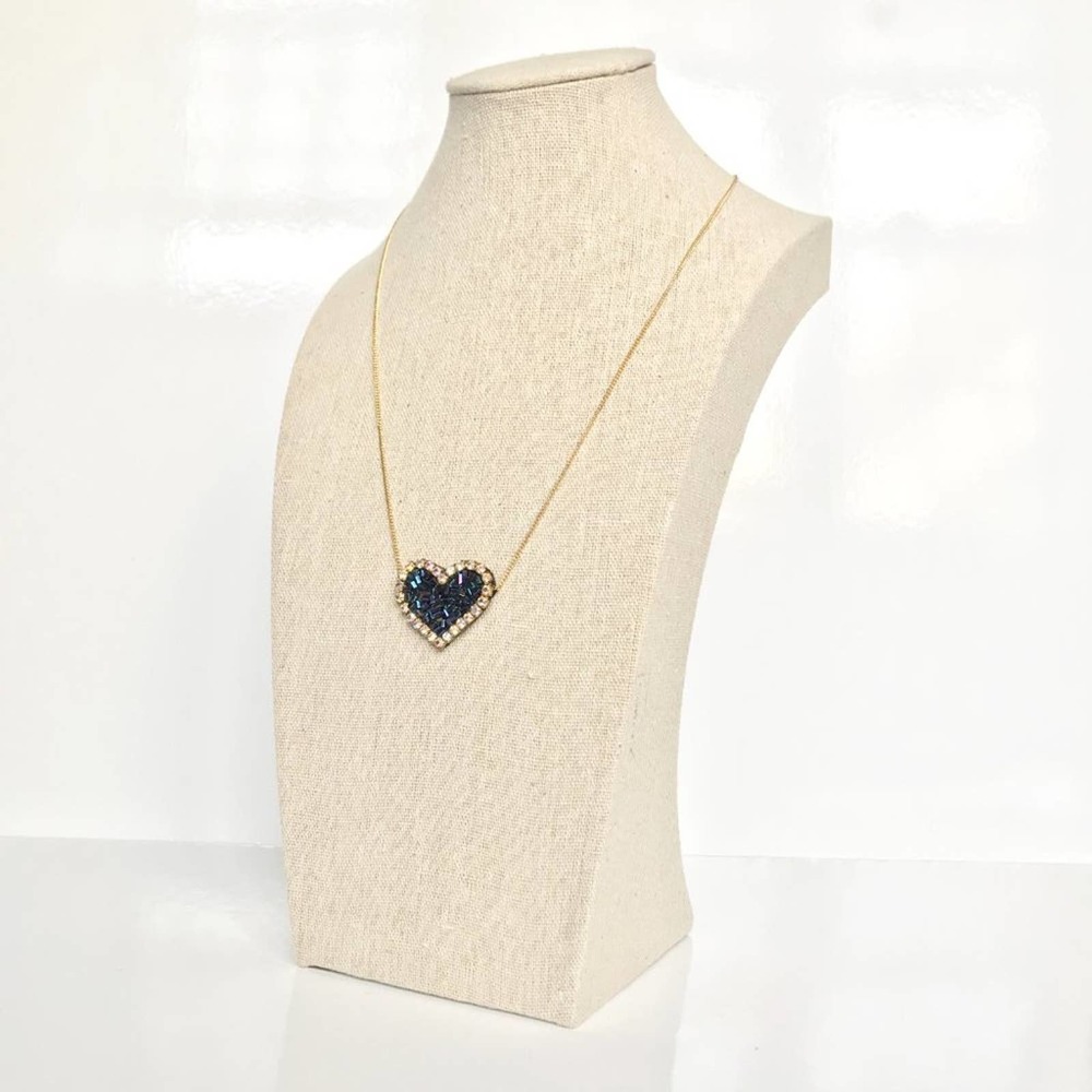 NEW Black Beaded Heart Pendant Statement Necklace Gold Chain Never Worn NWT